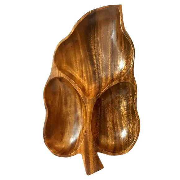 VTG Monkey Pod Wood Leaf Shaped 3 Section Divided Serving Tray/Bowls/Dish-14" - Picture 1 of 16